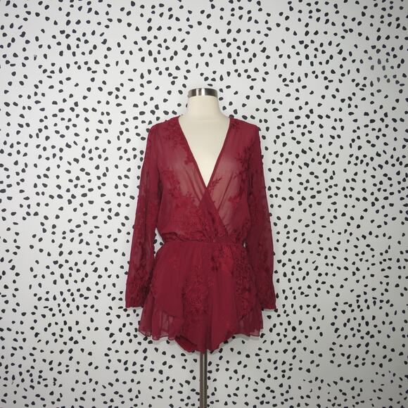 Lioness Red Baby Brooke Sheer Deep V-Neck Embroidered Romper - Picture 3 of 11